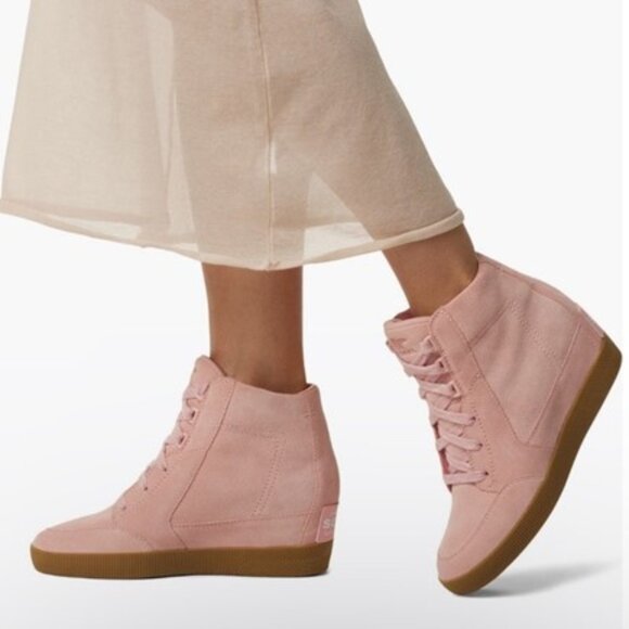 Sorel Out N About Wedge Booties Suede Ankle Lace Up Boots Pink Gum Size 8.5 NEW - Picture 1 of 7